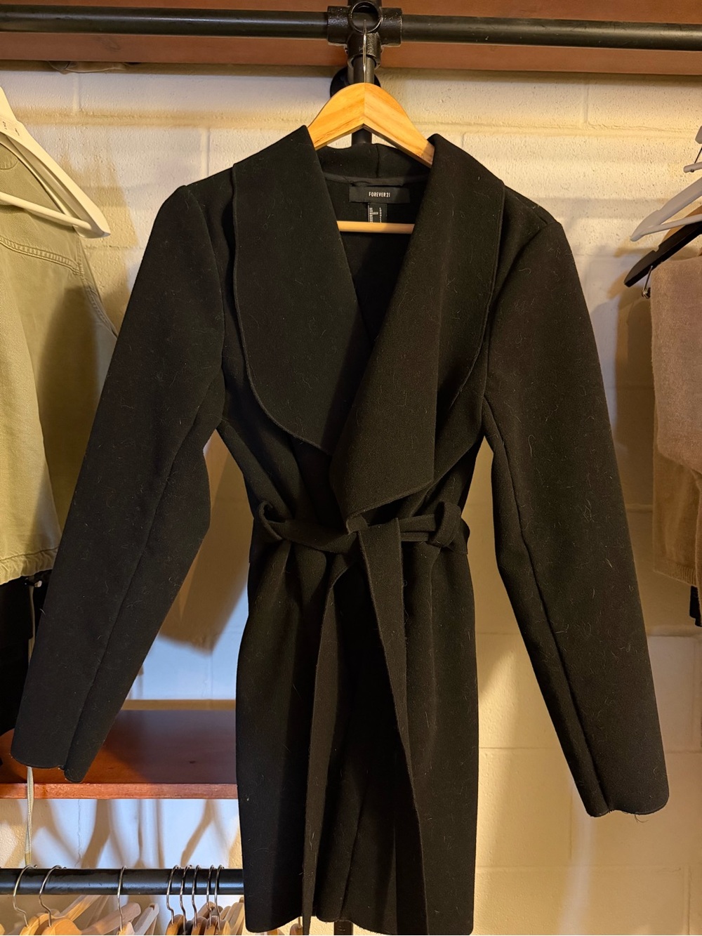 Forever 21 Black Belted Wool-Blend Trench Coat